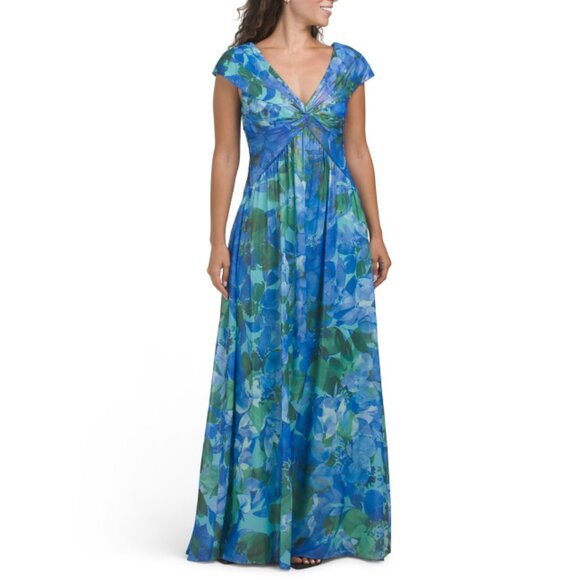 ADRIANNA PAPELL Jewelry - ADRIANNA PAPELL Green/Blue Multi Printed Chiffon Front Twist Gown